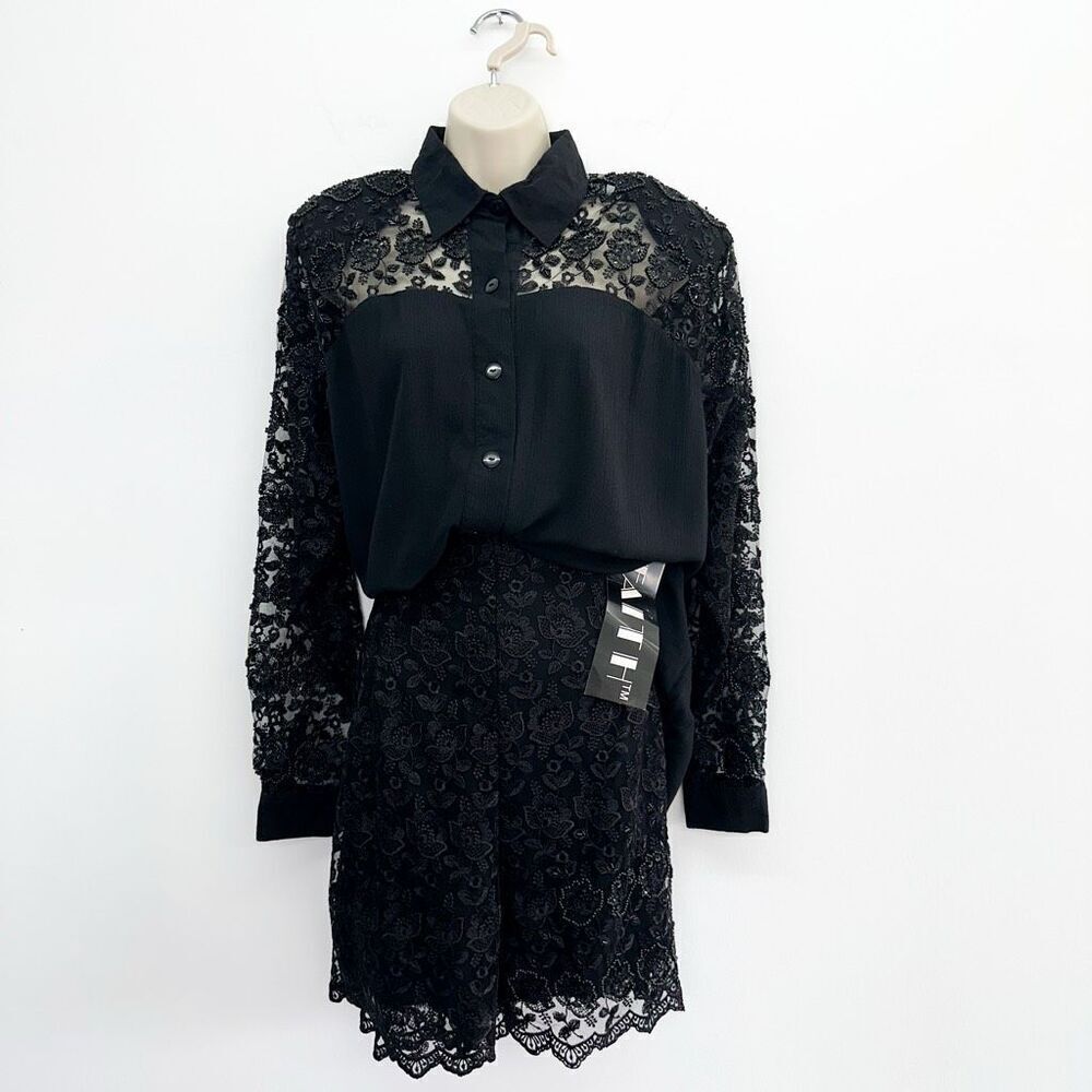 Faith Vintage Women’s Black Semi Sheer Beaded Lace Button Down Long Sleeve Short